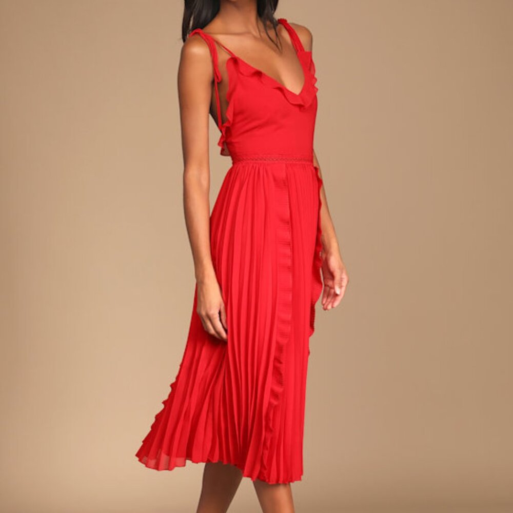 Lulus Never A Dull Moment Bright Red Tie-strap Pleated Midi Dress - Size M
